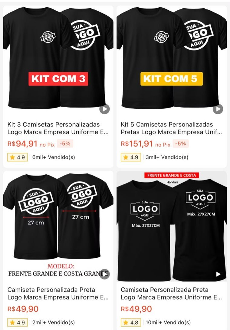 Kits de camiseta personalizada com logo na Shopee, com nota 4,9 e milhares de unidades vendidas